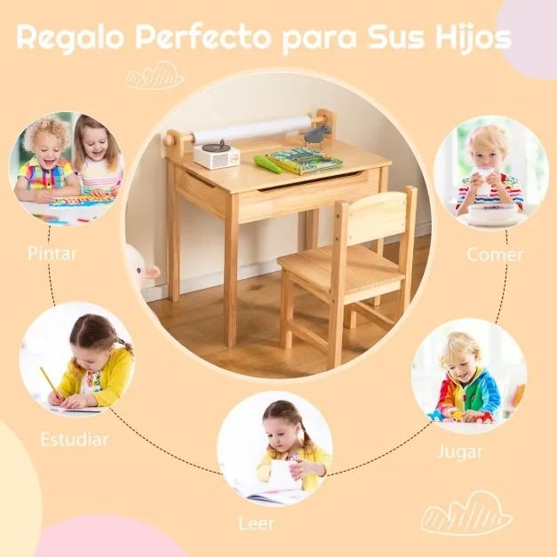 Conjunto de mesa e cadeira multiactividades para crianças com arrumação autónoma para rolos de papel e marcadores Natural