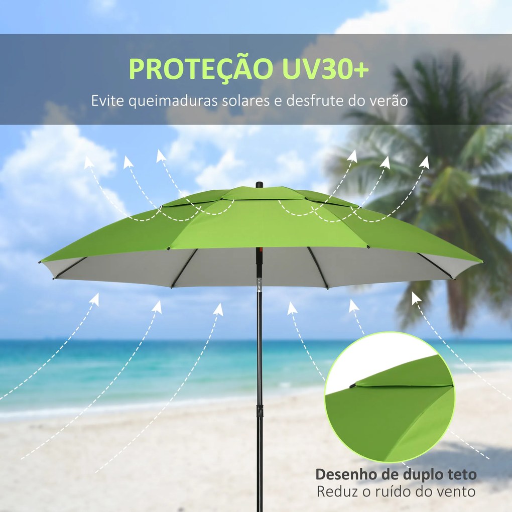Chapéu de Sol de Praia com Teto Duplo Ângulo Ajustável Proteção UV30+8 Varas de Aço e Bolsa de Transporte Ø185x205 cm Verde