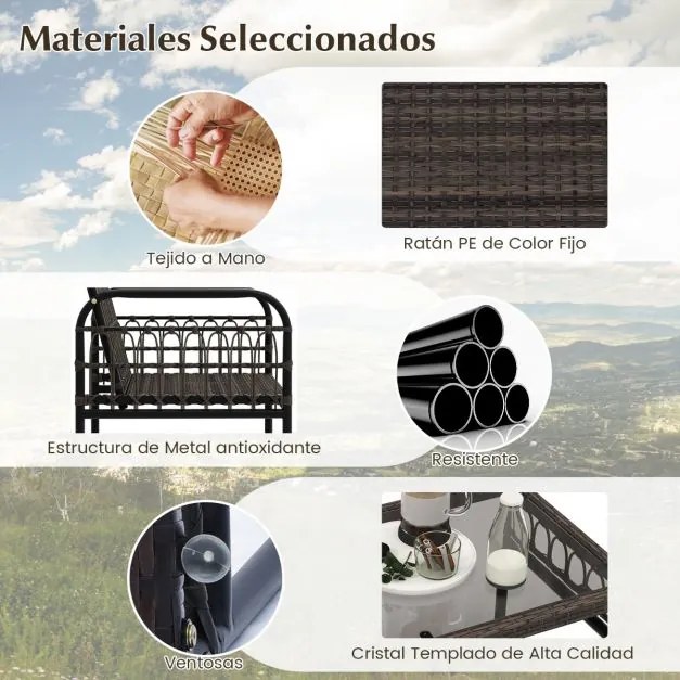 Conjunto de móveis jardim de vime de 4 peças com cadeiras de rattan Almofadas macias Mesa de centro de pátio em vidro temperado Mistura branca