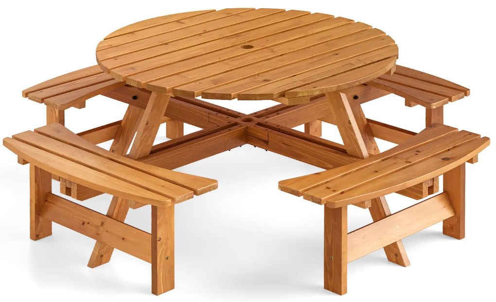 Conjunto de mesa de Jardim ou piquenique redonda com 4 bancos para 8 pessoas com orifício para guarda-sol de 5 cm Amarelo