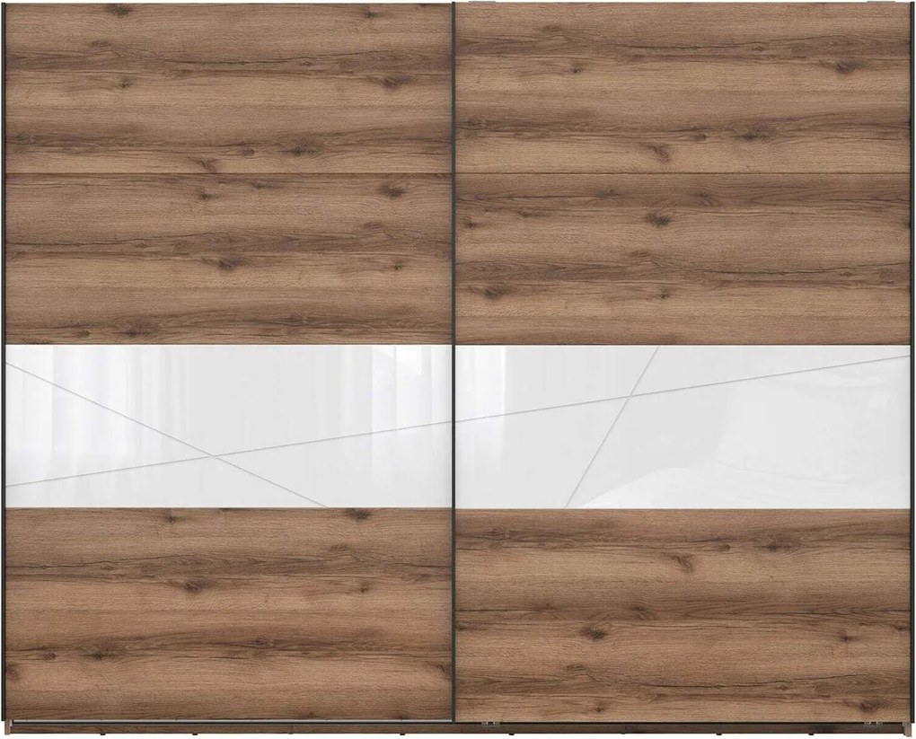 Roupeiro Fivale 124, Branco brilhante, Carvalho delano escuro, 219x270x58cm, 200.5 kg, Portas para roupeiro: Deslizante, Número de prateleiras: 3, Número de prateleiras: 3