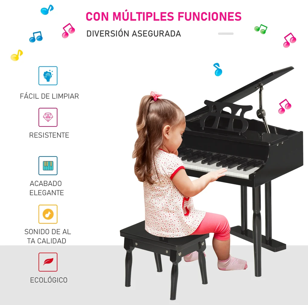 Piano Clássico Infantil de Madeira com 30 Teclas com Banco, 4