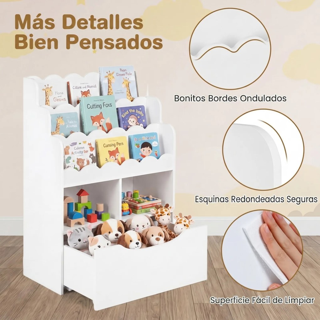 Estante Infantil para Brinquedos, 30 x 60 x 91 cm, Gaveta Removível com Rodas, Branco