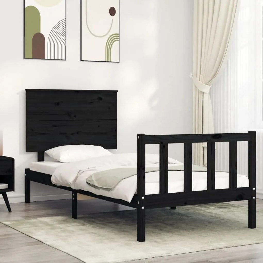 Estrutura de cama com cabeceira 100x200 cm madeira maciça preto