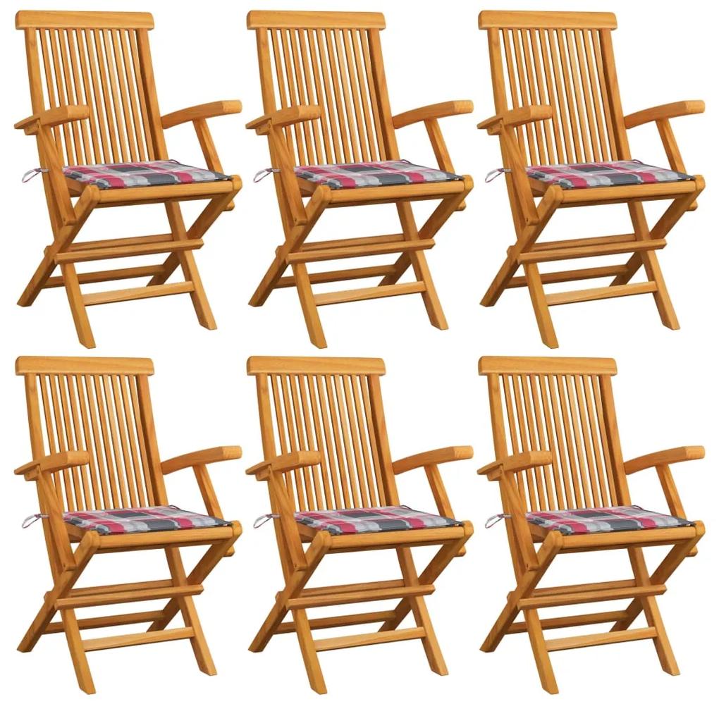 Cadeiras de jardim c/ almofadões xadrez vermelho 6 pcs teca