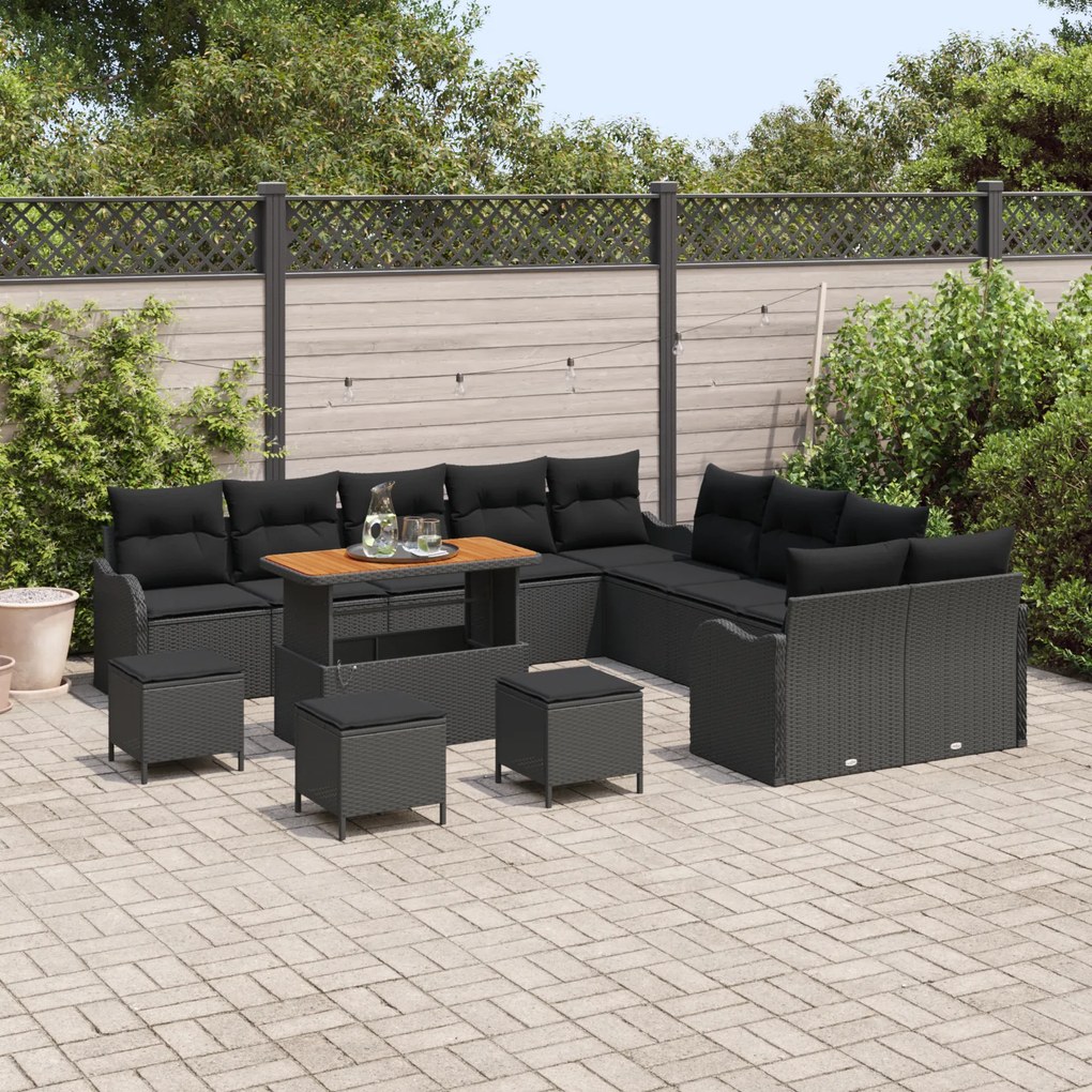 Conjunto de Sofá de Jardim de 14 Peças com Almofadas Preto Rattan Poli