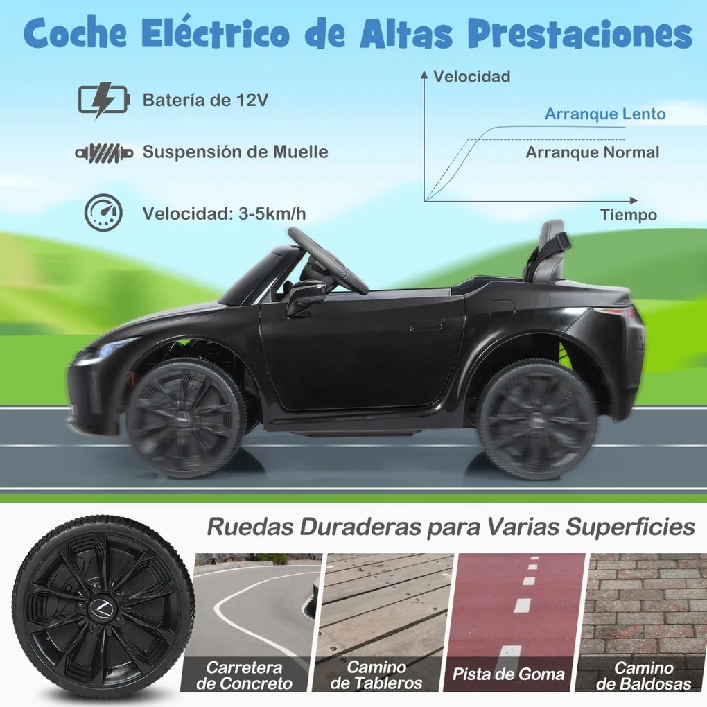 Carro elétrico para crianças Lexus com licença oficial com bateria 12V e controlo remoto 2.4G Luzes LED brilhantes e música Preto