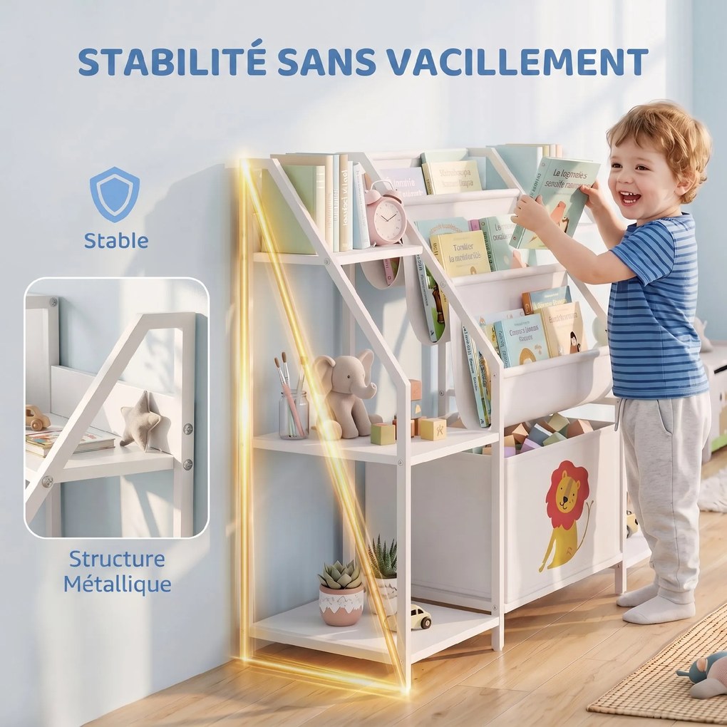 Estante infantil de 3 níveis, estante para livros infantis com gaveta em tecido, 93 x 30 x 76 cm, branca