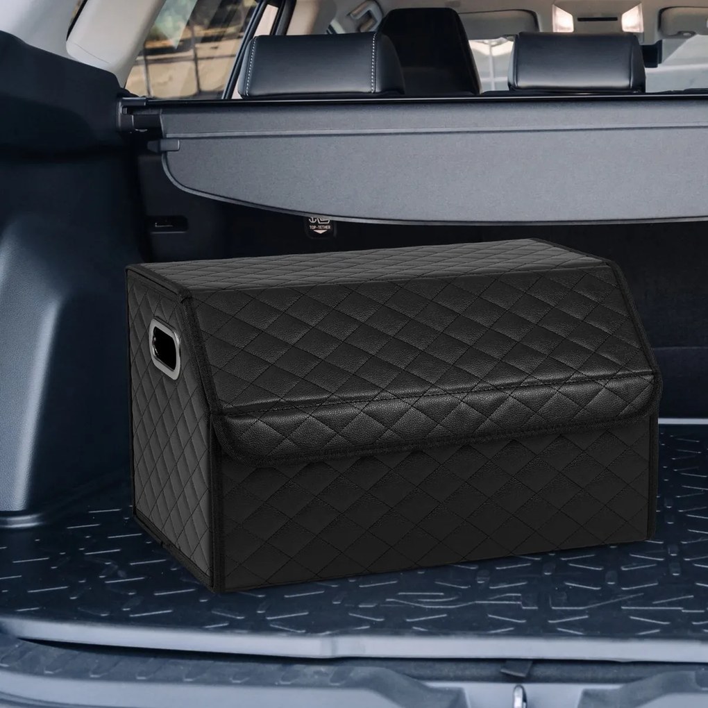 Organizador dobrável 30 x 47 x 27,5 cm para porta-malas de carros 35L com tampa acolchoada em couro e divisória ajustável Preta