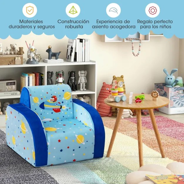 Poltrona infantil conversível 3 em 1 para crianças de 0 a 4 anos Sofá-cama com assento acolchoado de espuma Tecido de veludo 92 x 47,5 x 40 cm Azul