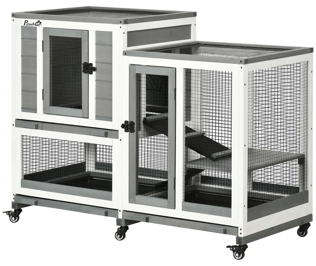 Coelheira de Madeira Interior Gaiola para Coelhos de 2 Níveis com Rodas 2 Rampas 3 Bandejas Amovíveis 110x50x86 cm Cinza