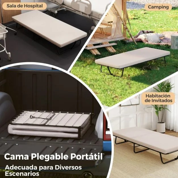 Cama dobrável 190 x 80 cm com colchão portátil para hóspedes com espuma viscoelástica Estrutura metálica resistente e molas Bege