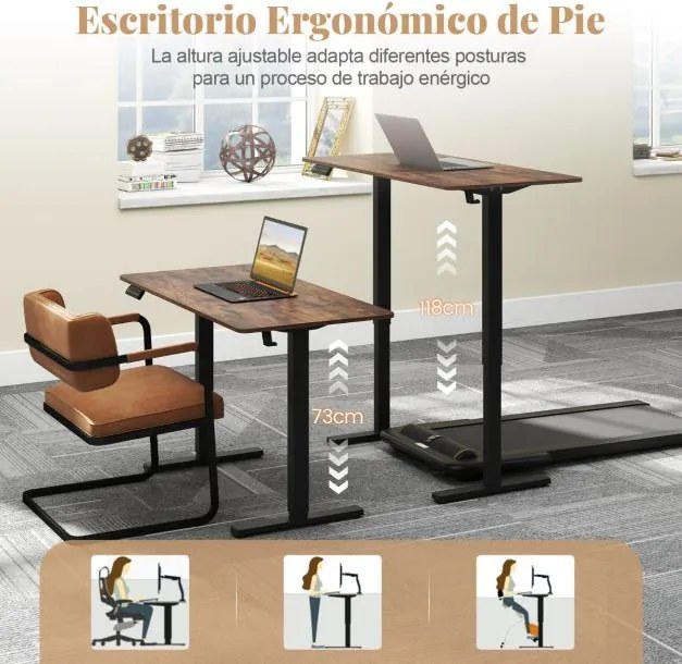 Secretária elétrica ergonómica 120 x 60 x 73-118 cm com 3 ajustes de memória e proteção anticolisão de altura ajustável Castanho