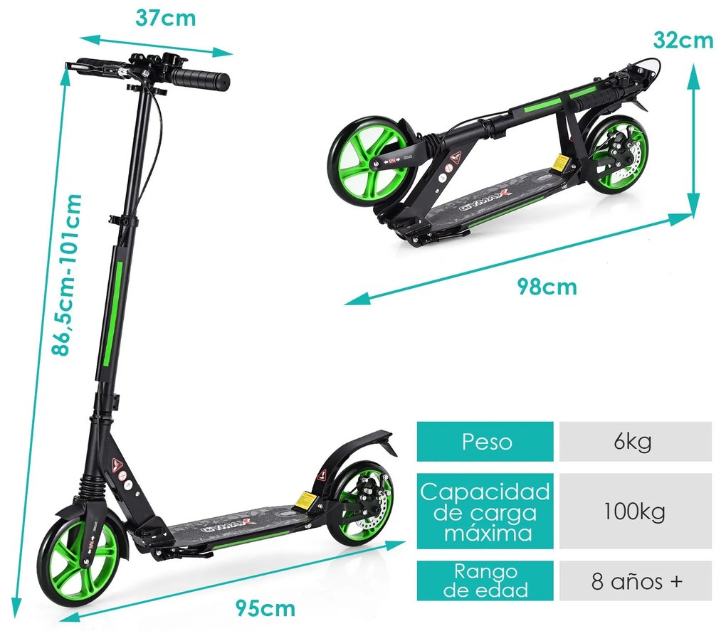 Trotinete dobrável com rodas e guiador ajustável para crianças + 8 anos  95 x 37 x 86,5-101 cm Verde