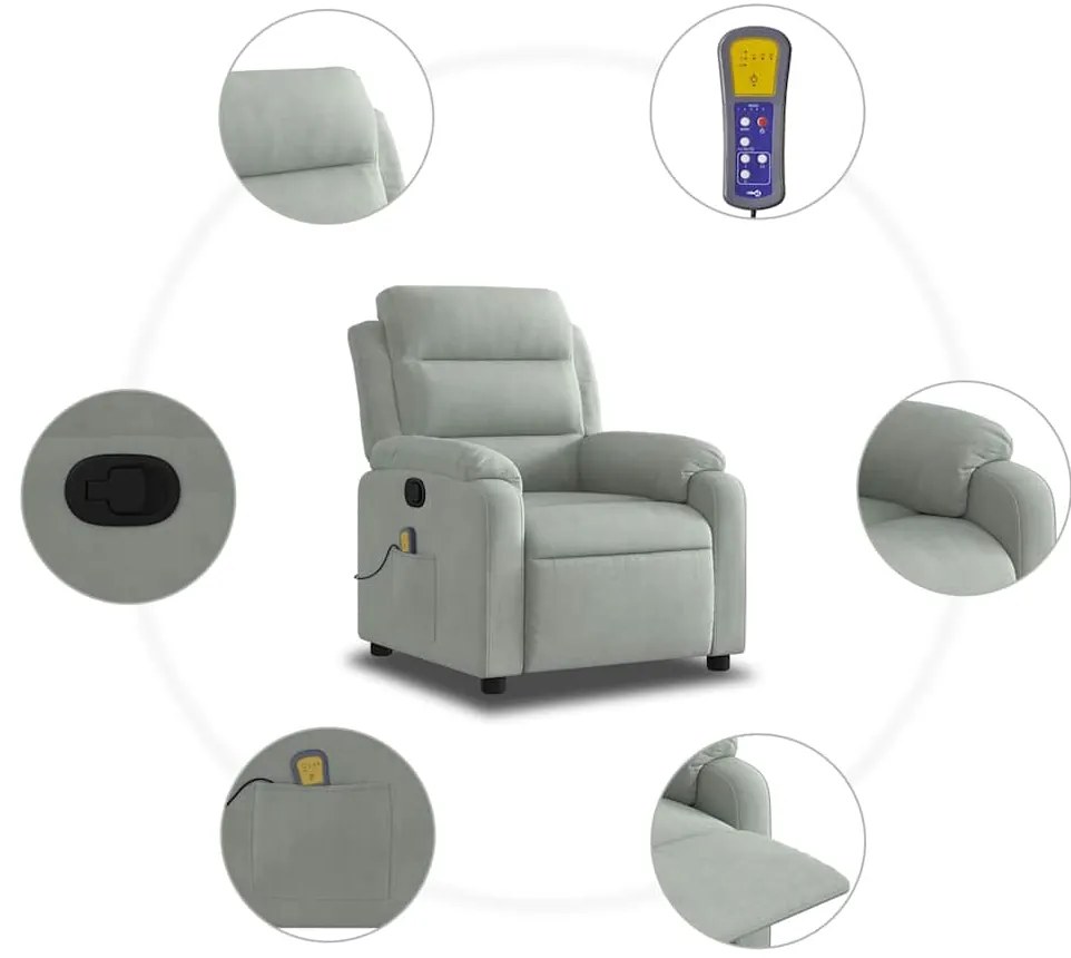 Poltrona de massagens reclinável veludo cinzento-claro