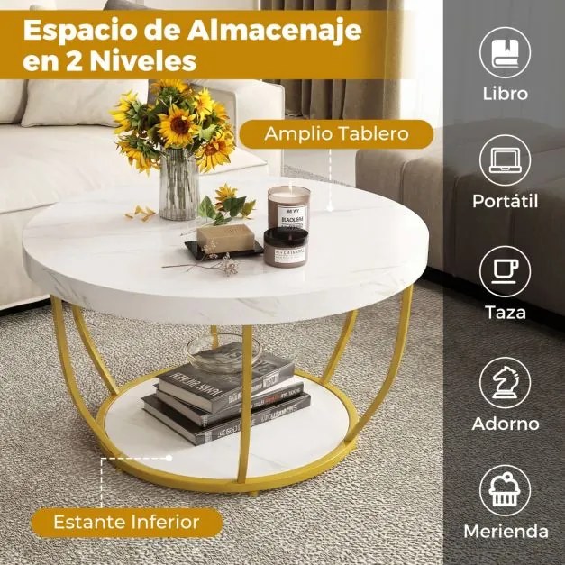 Mesa de centro redonda 80 cm de 2 níveis com arrumação com Estrutura metálica para sala de estar Branca
