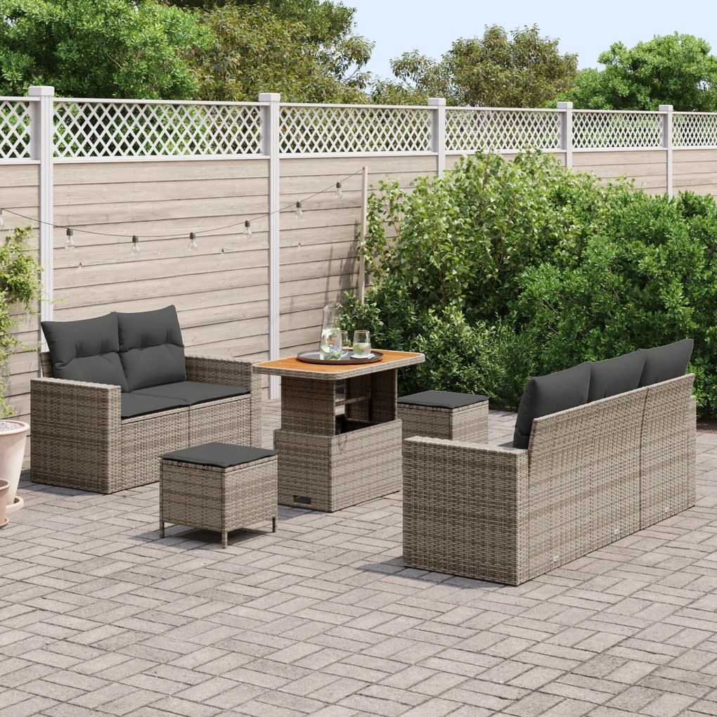 Conjunto de Sofá de Jardim 8 Peças com Almofadas Cinza Rattan Poli Acá