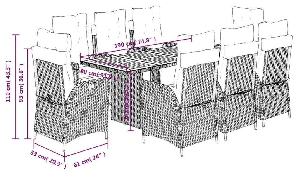 9 pcs conjunto de jantar p/ jardim c/ almofadões vime PE preto