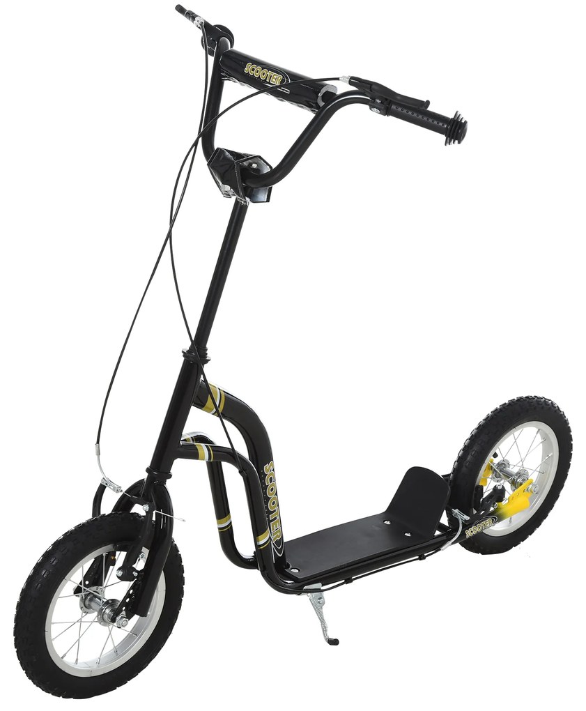 HOMCOM Trotinete para Crianças de 5-12 Anos Rodas 12" Infantil Dupla Travagem Guiador Ajustável e Suporte Lateral 100 Kg Aço Preto | Aosom Portugal