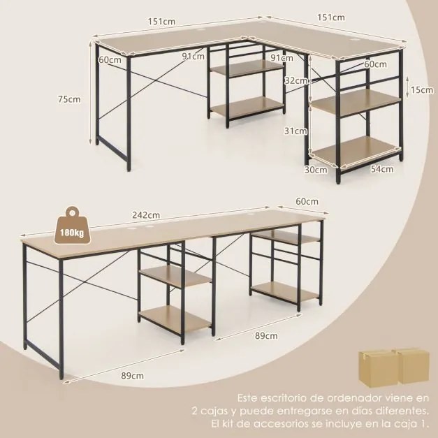 Secretária com prateleiras de armazenamento em forma de L Secretária de canto industrial em madeira 242 × 60 × 75 cm Natural