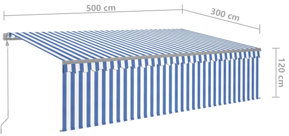 Toldo autom. c/ estore/LED/sensor de vento 5x3 m azul/branco