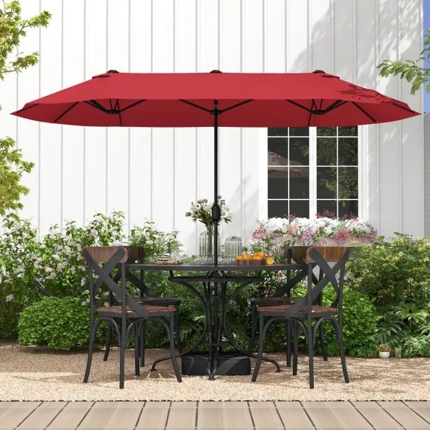 Guarda-sol duplo para jardim com base recarregável, manivela e 12 hastes de alta resistência Vermelho