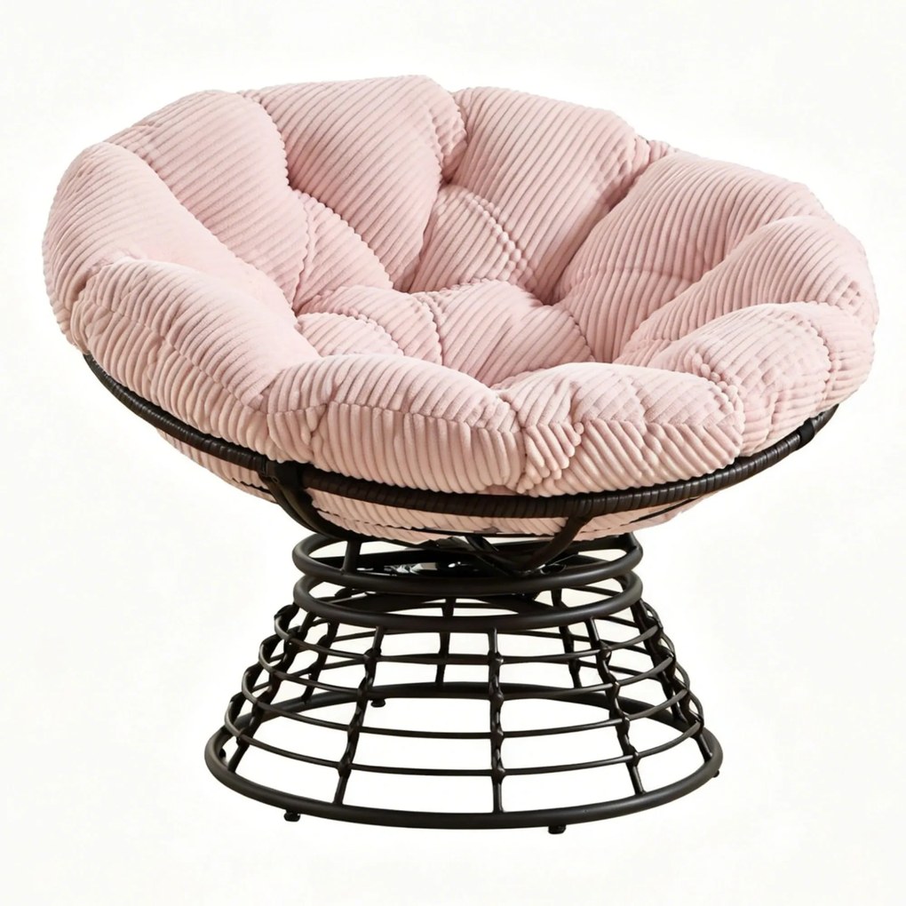 Poltrona Papasan, giratória 360°, almofada espessa(Veludo Cotelê), estrutura em aço, 92x92x67 cm, Rosa| AOSOM Portugal