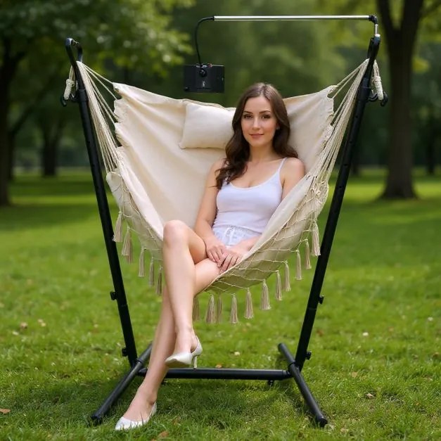 Cadeira de baloiço com suporte de altura ajustável de jardim exterior com estrutura, suporte para telemóvel, almofada e bolso lateral bege