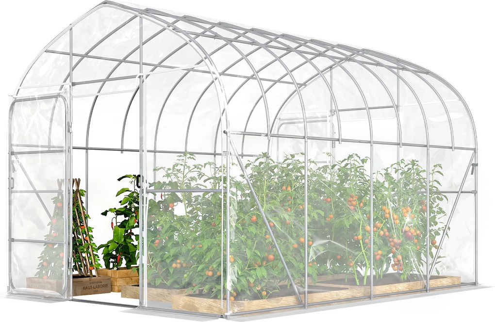 Estufa em túnel para jardim 296 (L) x 391 (P) x 267 (A) cm, 12 m², película PO antigotejamento, aço galvanizado de 25 mm, estrutura reforçada, 2 porta