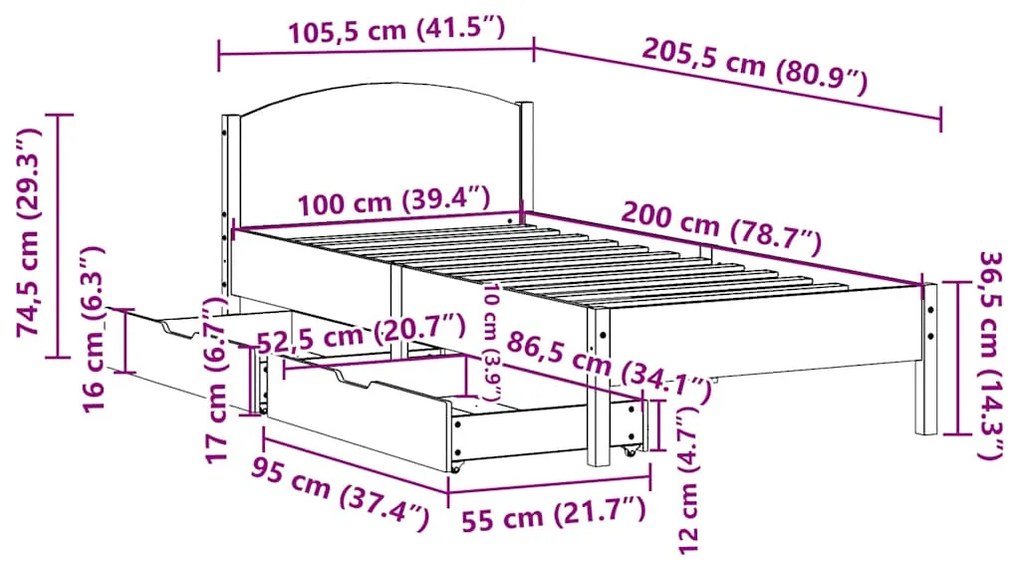 Cama sem colchão 100x200 cm pinho maciço castanho-mel
