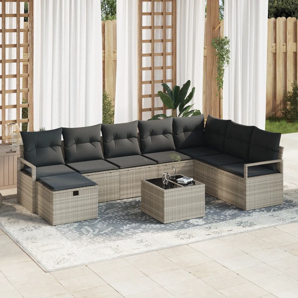 Conjunto de Sofá de Jardim de 9 Peças com Almofadas Cinza Claro Polira