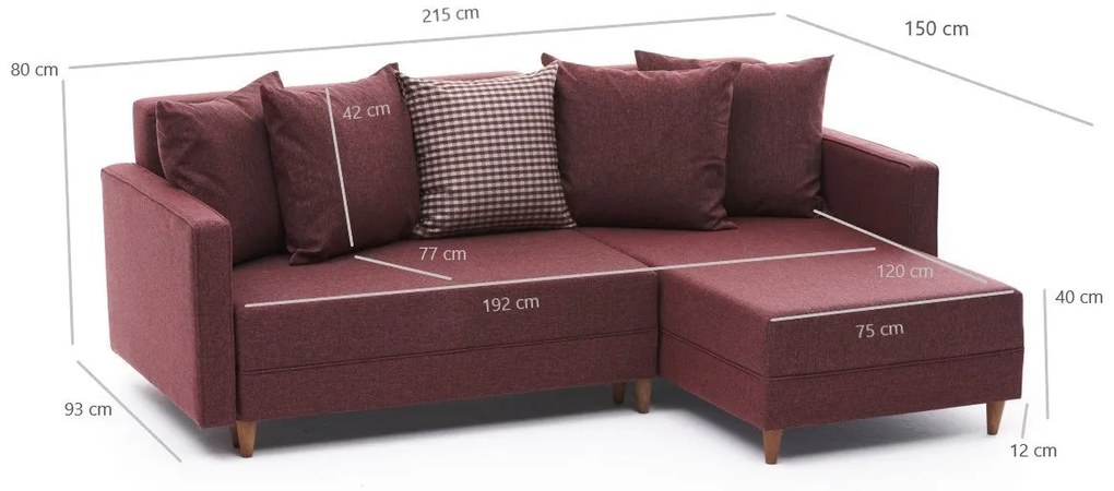 Sofá-Cama de Canto Aydam – Vermelho Claret – 215x80x150 cm