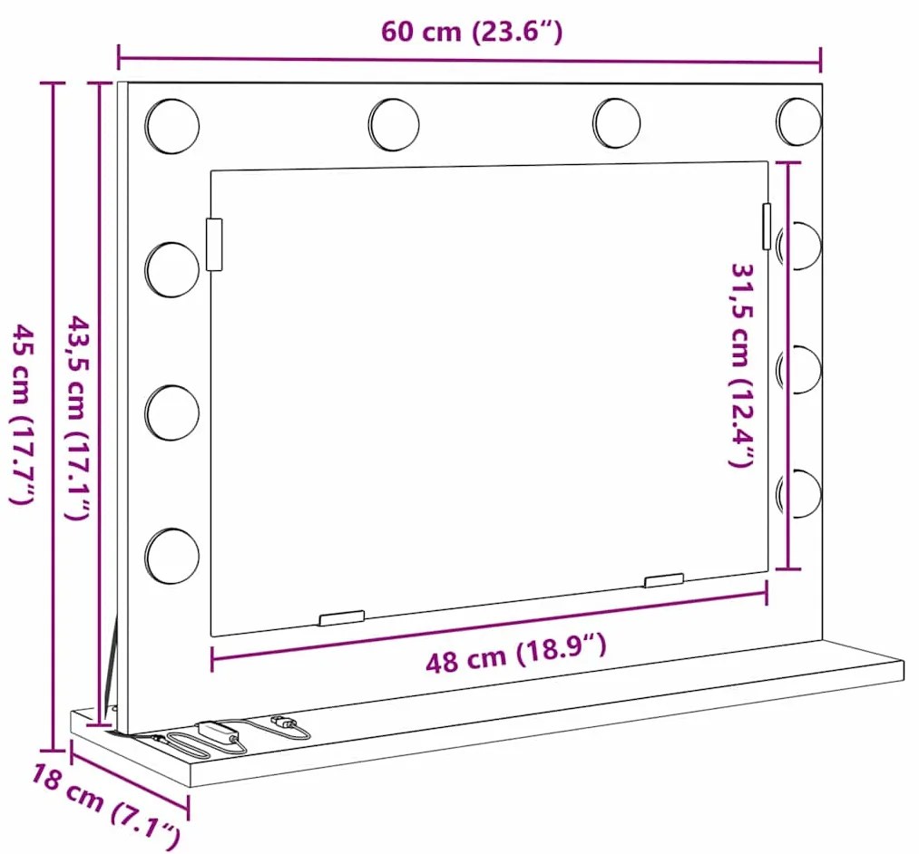 Espelho de Toucador com Luzes LED Branco 60x45x18 cm