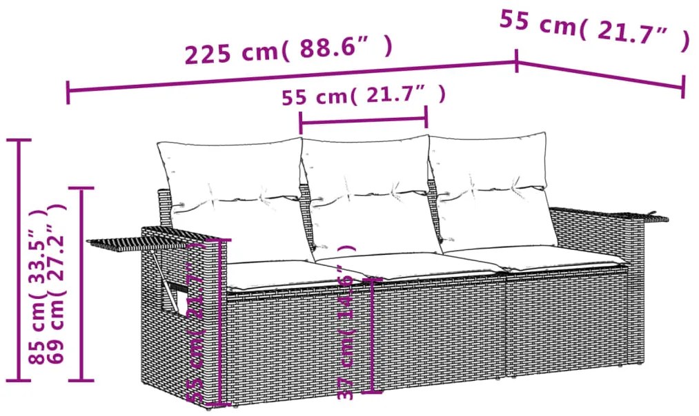 3 pcs conjunto sofás de jardim com almofadões vime PE preto