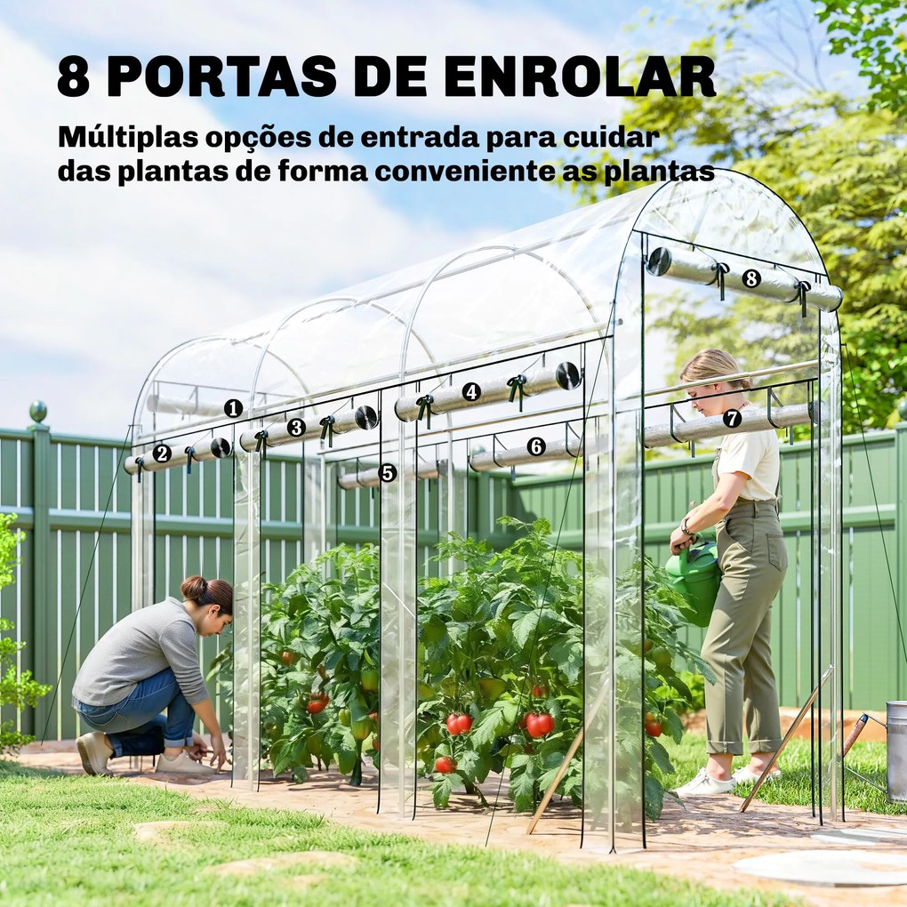 Estufa Tipo Túnel 3x1x2 m com 8 Portas Enroláveis e Estrutura de Aço Galvanizado Anti-UV Transparente
