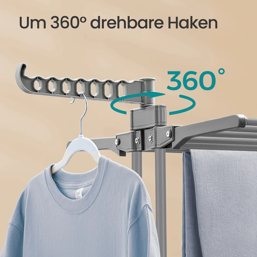 Estendal de roupa com 4 níveis, com abas dobráveis e rodas 63,5 x 128 x 173 cm cinzento