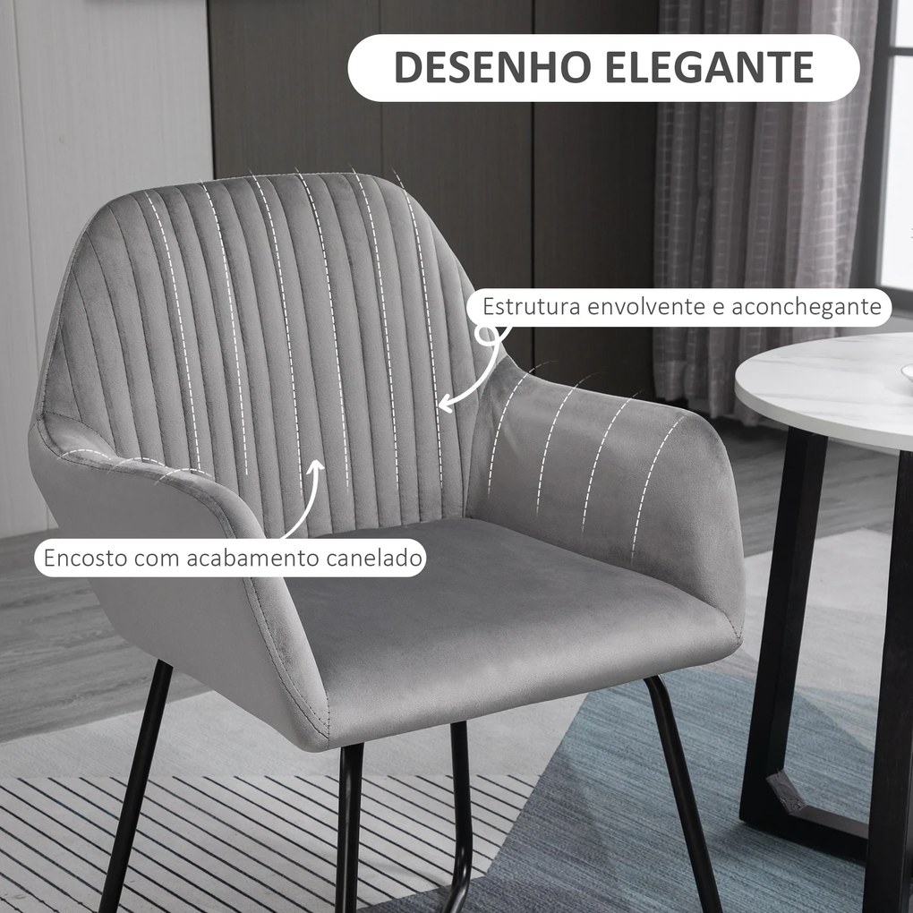 Cadeira de Sala de Jantar Estofada em Veludo com Base Metálica Cruzada Cadeira de Leitura 60x56,5x85 cm Cinza