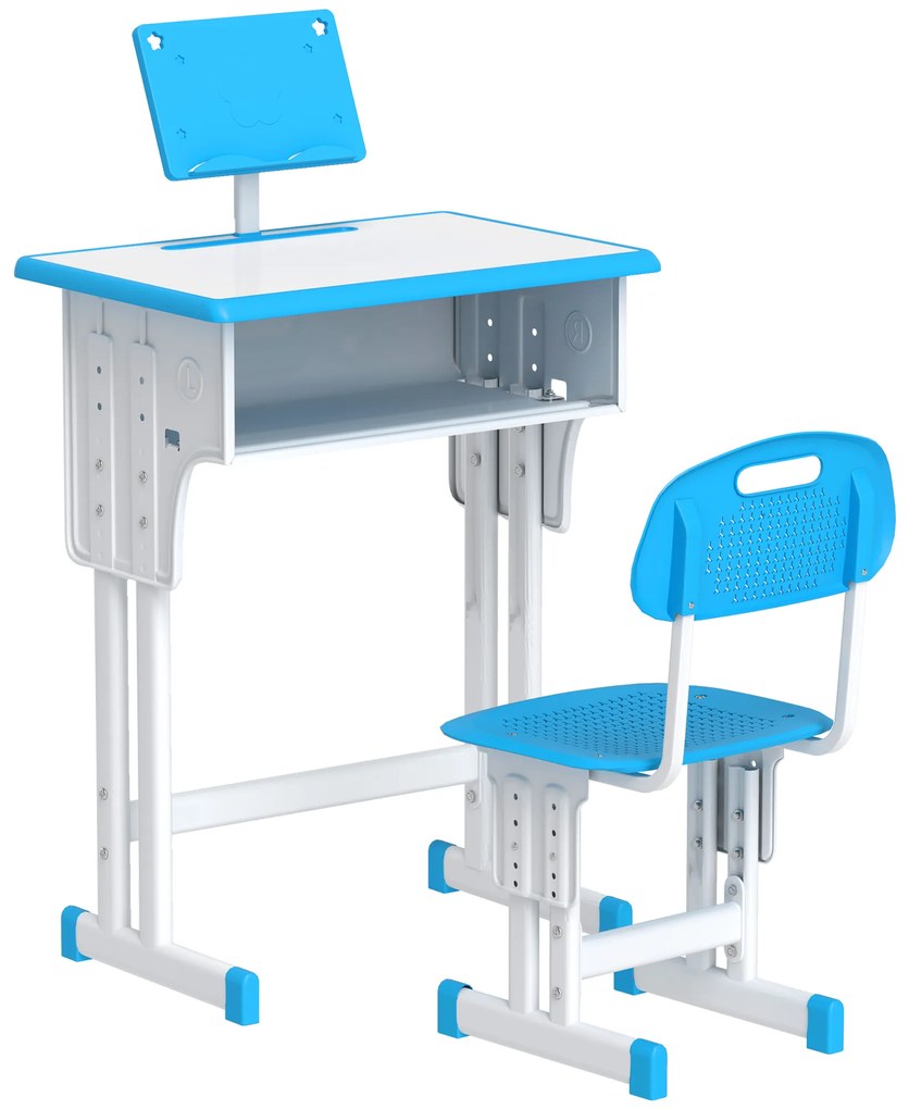 HOMCOM Conjunto de Secretária e Cadeira para Crianças com Altura Ajustável 1 Gaveta e 1 Prateleira para Livros 60x45x90-120 cm Azul