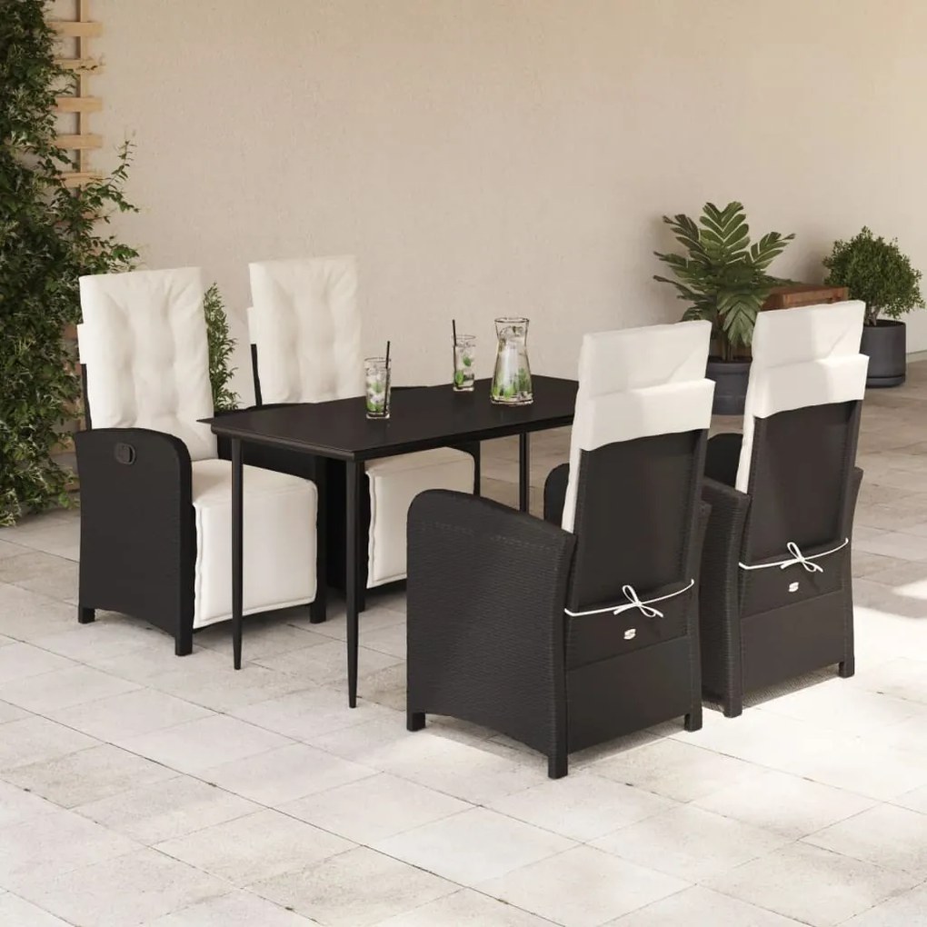 5 pcs conjunto de jantar p/ jardim c/ almofadões vime PE preto