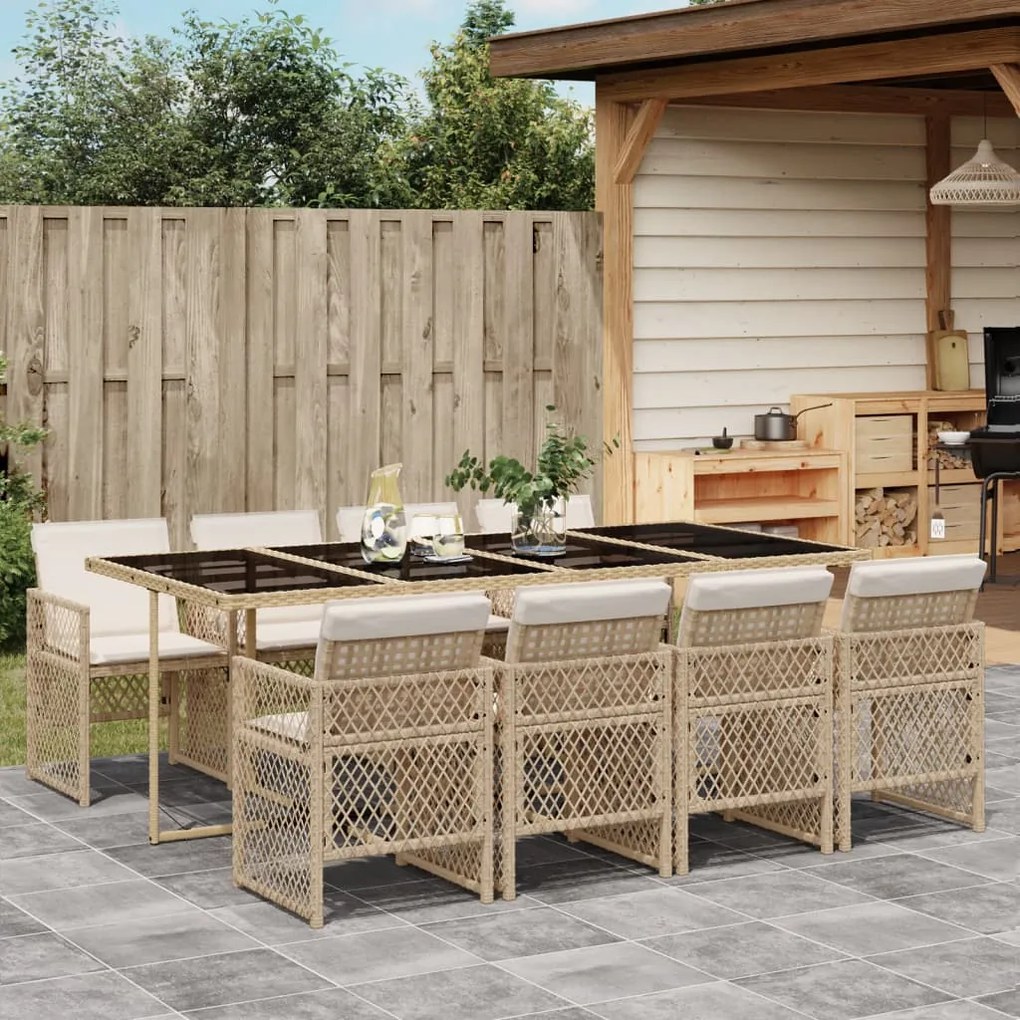 vidaXL 9 pcs conjunto de jantar p/ jardim com almofadões vime PE bege