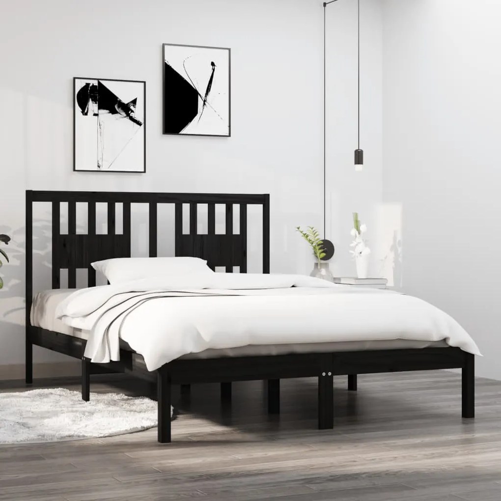 vidaXL Estrutura de cama casal 135x190 cm madeira maciça preto