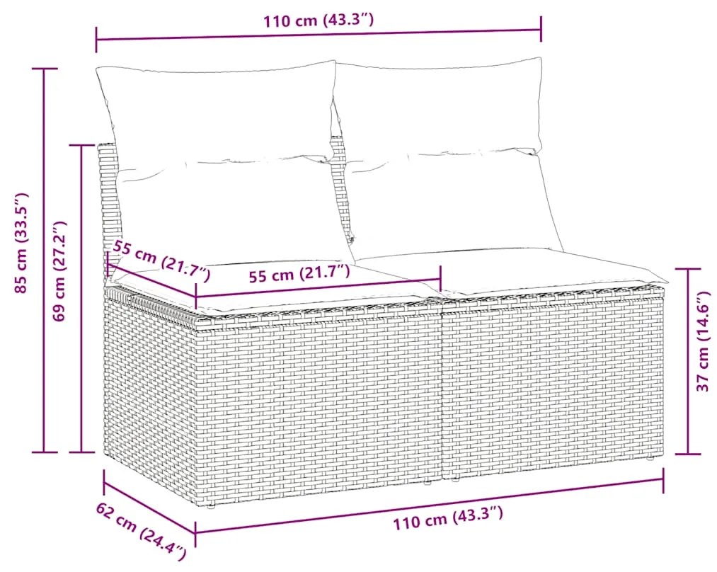 2 pcs conjunto sofás jardim almofadões vime PE/acácia cinzento