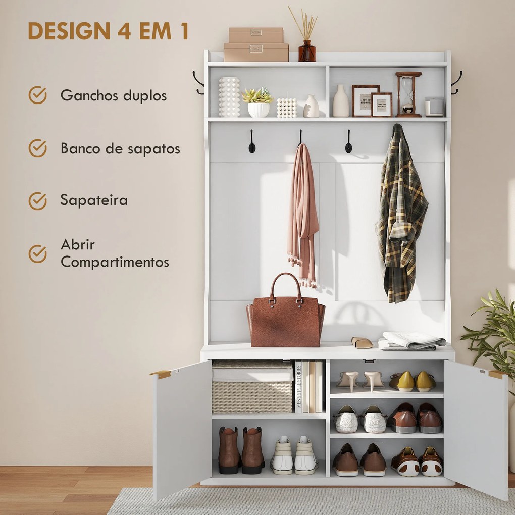 Móvel Cabide de Entrada com Sapateira Prateleiras Abertas e 6 Ganchos Estilo Moderno 100x38x172 cm Branco