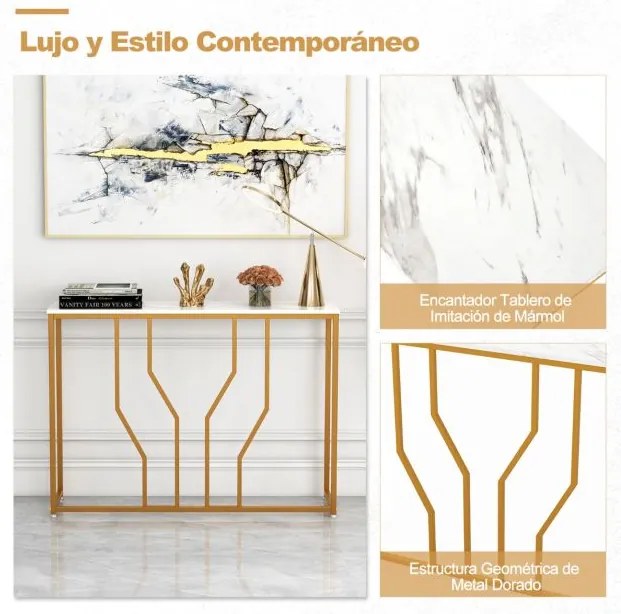 Mesa consola moderna em metal Dourado com tampo em mármore artificial para corredor de sala de estar 110 x 30 x 80 cm Branco e Dourada