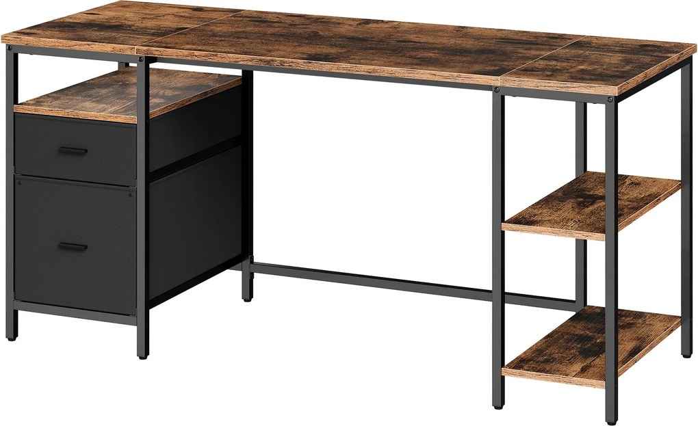 Secretária com 3 prateleiras e 2 gavetas 60 x 160 x 76 cm, castanho vintage-preto