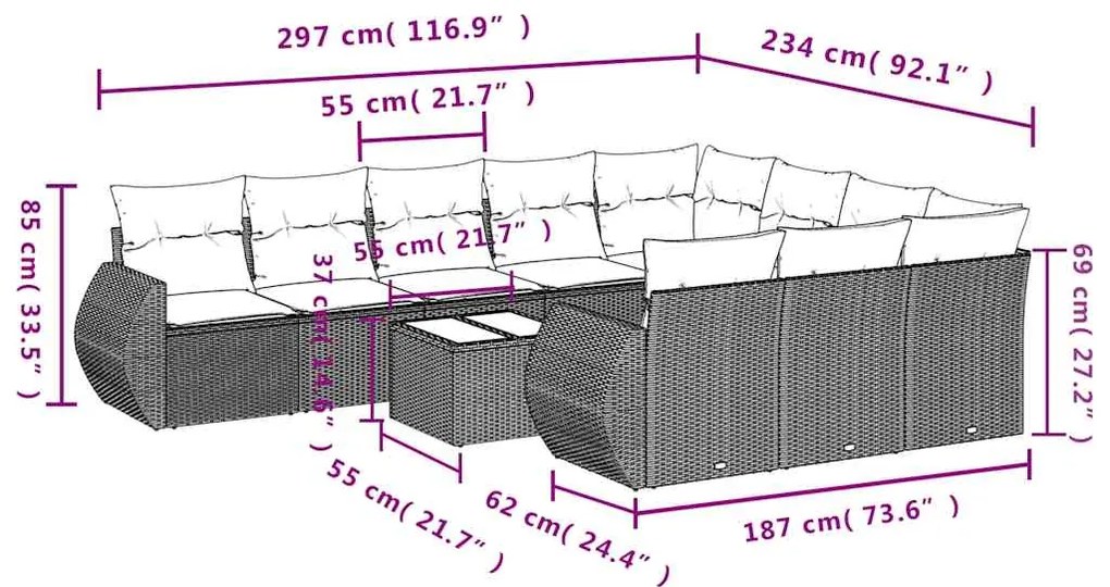11 pcs conjunto sofás de jardim c/ almofadões vime PE preto