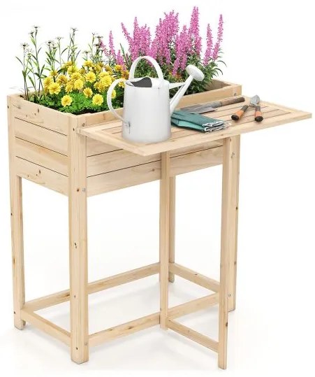 Floreira elevada com tampa dobrável 63 x 67 x 74 cm, em madeira com orifícios de drenagem natural