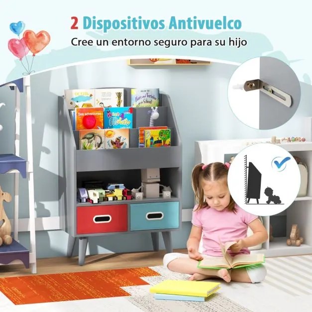 Estante de livros para crianças com prateleiras de 3 níveis e 2 gavetas dobráveis Organizador de brinquedos Cinzento