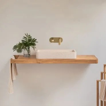 Conjunto De Móvel De Casa De Banho 130x45 Cm Suspenso Em Madeira De Teca Neill Madeira De Teca & Cimento Branco Retangular 60x30 Cm Ronald & - Sklum