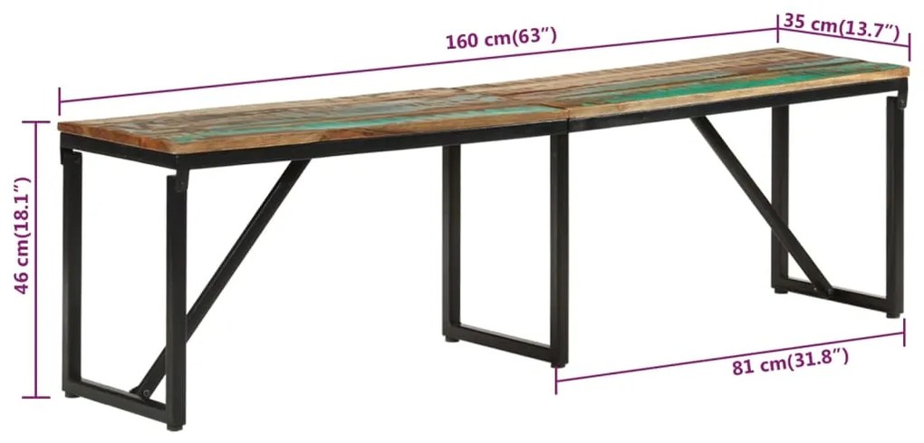 Banco 160x35x46 cm madeira recuperada maciça